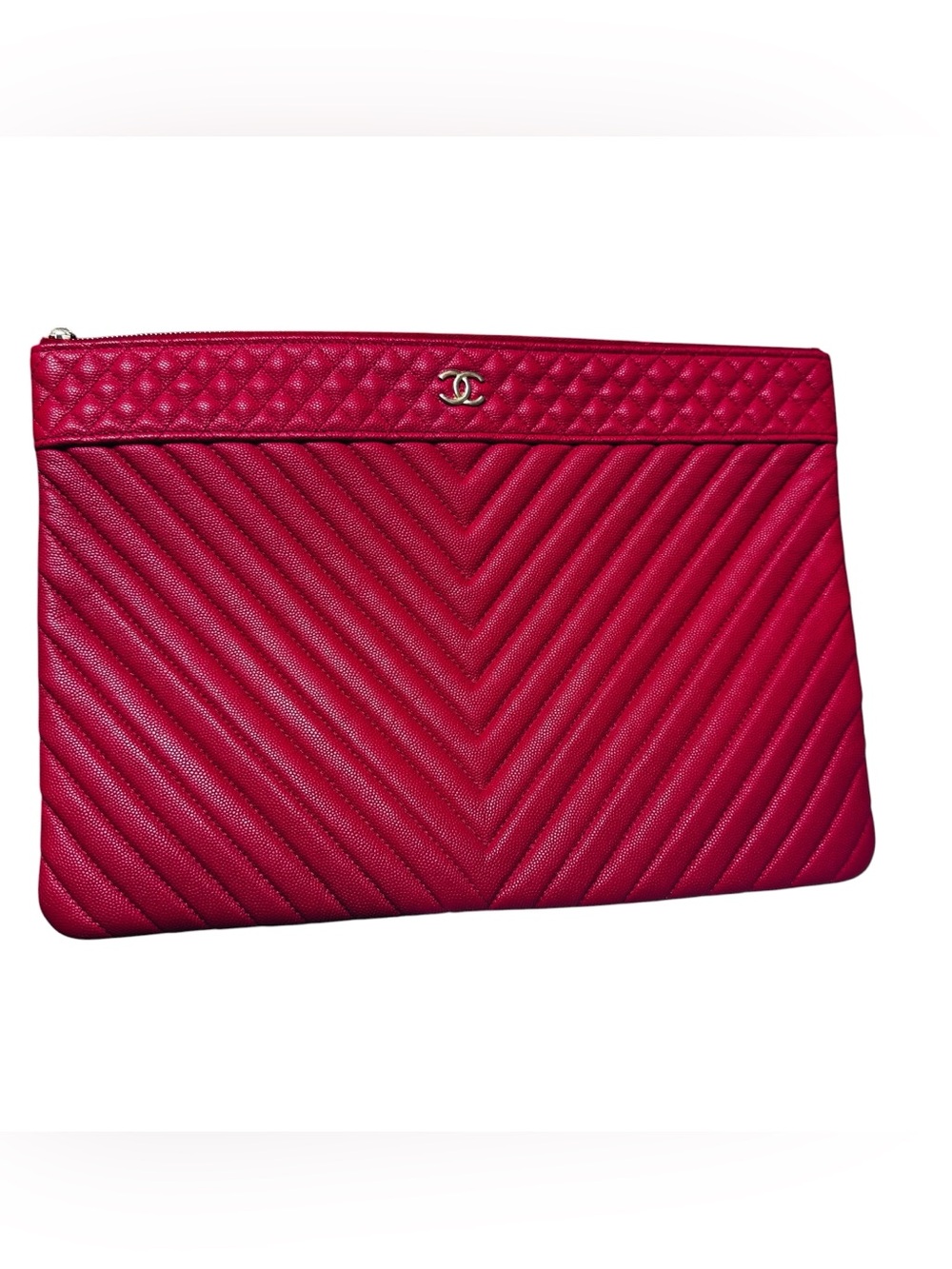 Chanel Crimson Pink Caviar Chevron O Case GHW Zip Clutch